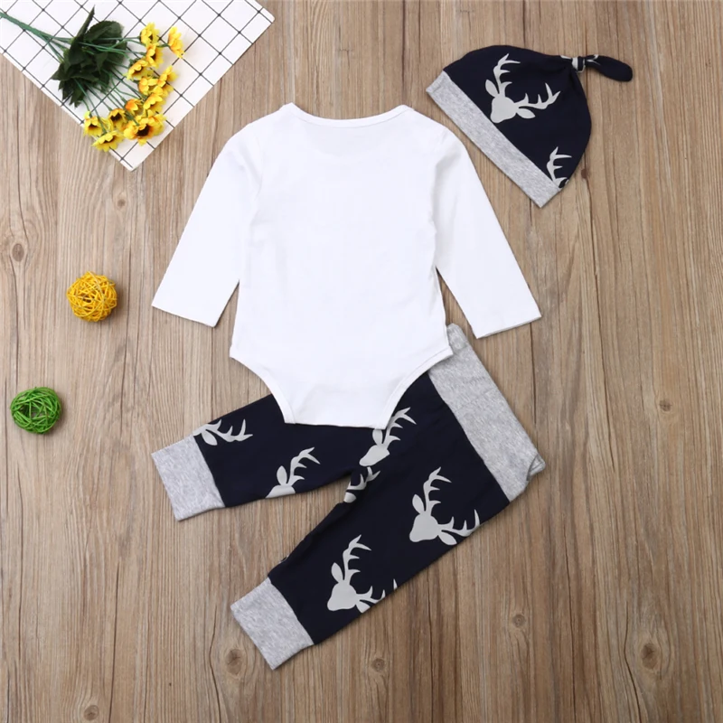 2019 autumn Toddler Baby girls boys clothes 3pcs Newborn Infant Boys Letter Romper Jumpsuit Reindeer Pants Outfits Set | Детская одежда