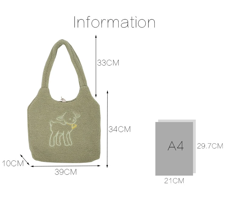 

Women Lamb Fabric Shoulder Bag Simple Canvas Handbag Tote Large Capacity Embroidery Shopping Bag Cute Girl School Bags