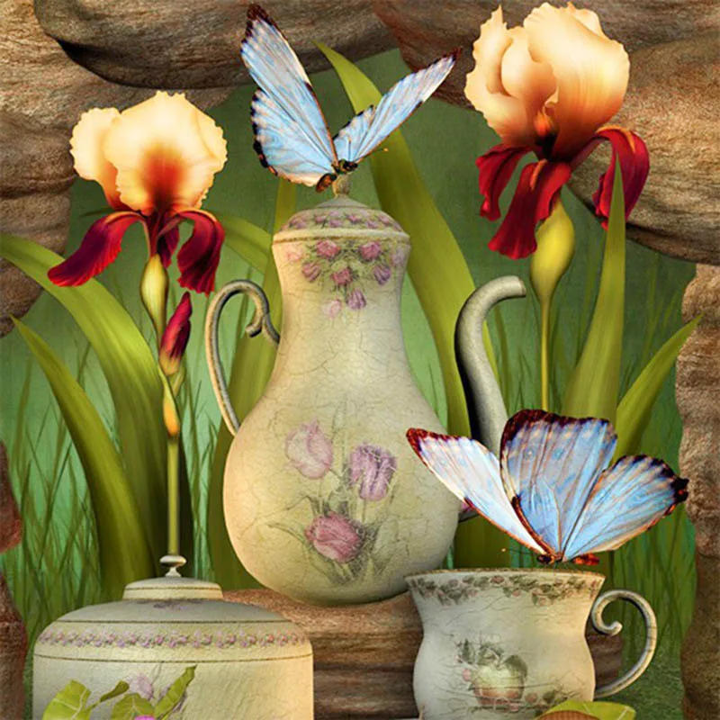 

Full Cross Stitch 5D DIY Diamond Painting Tea Set Diamond Embroidery Butterfly Kettle Photo Rhinestones Mosaic Home Decor W20