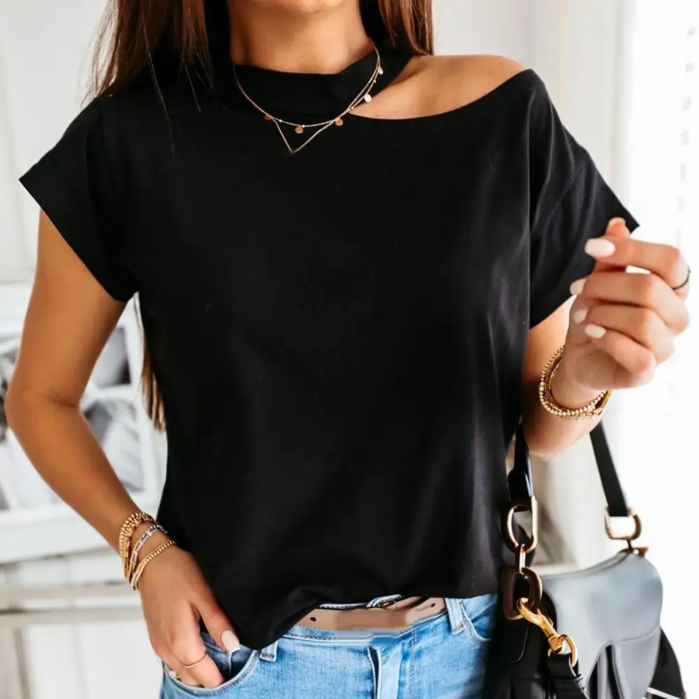 

2021 Summer Women Casual T-shirt Short Sleeve One Shoulder Fashion Mock Neck Halter Loose Blouse Top