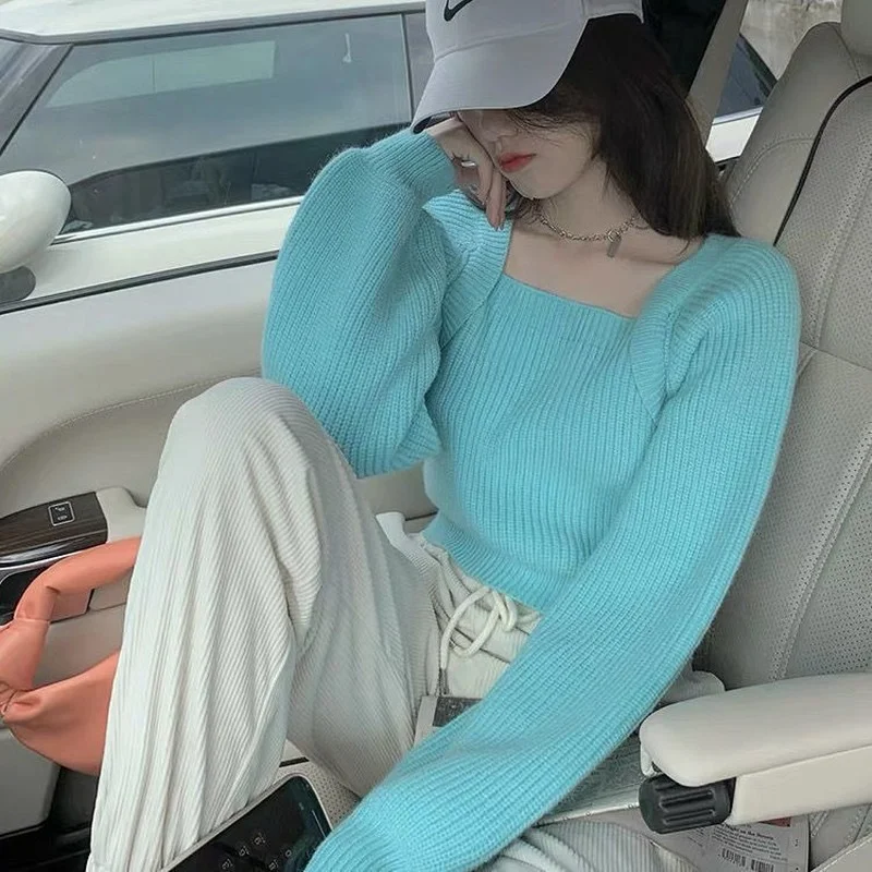 

Lantern Sleeve Vintage Pull Femme Solid Autumn Winter Korean Fashion Sexy Sweaters Women Tops Slim Jersey Mujer Retro J79