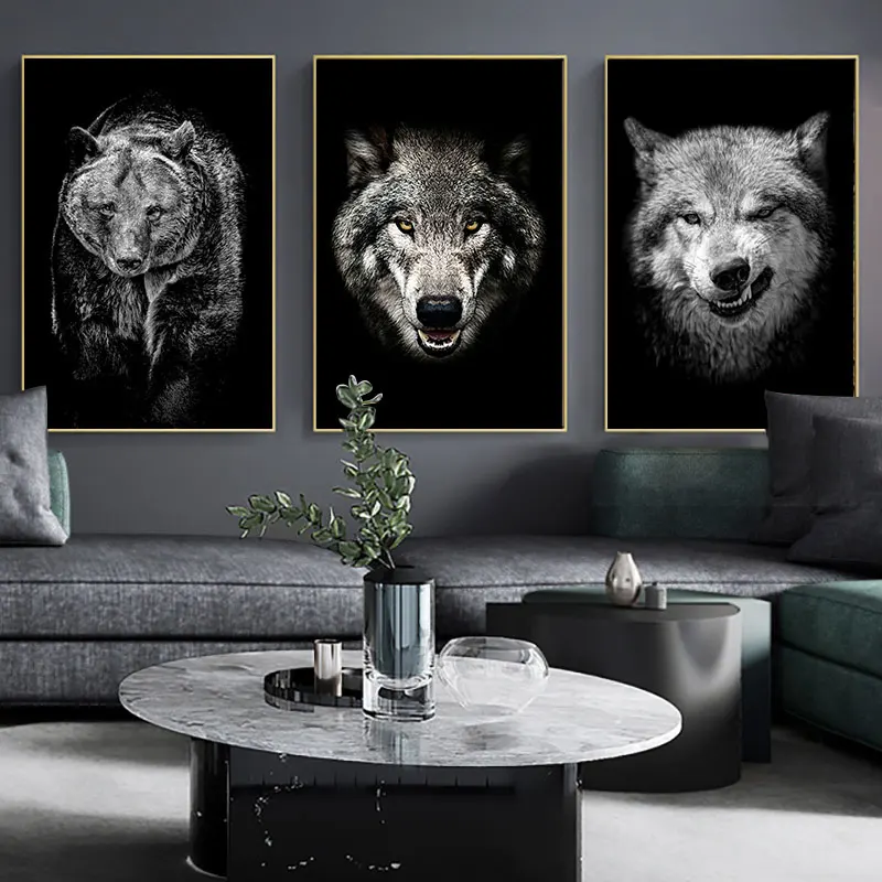 

Black and White Wolf Bear Prints Art Canvas Painting Modern Posters Animals Wall Art Picture for Living Room Home Decor Cuadros