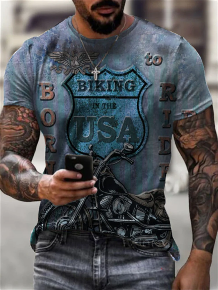 

2021 summer men's new round neck short-sleeved T-shirt personality locomotive printing casual loose short-sleeved T-shirt top