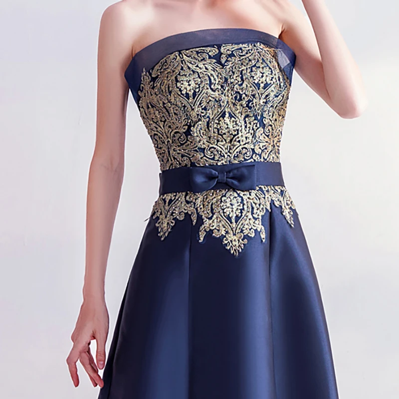 

Luxury Evening Dress Illusion Navy Blue Strapless Sequined Crystal Bow Sleeveless Embroidery Elegant Women Formal Dresses TS348
