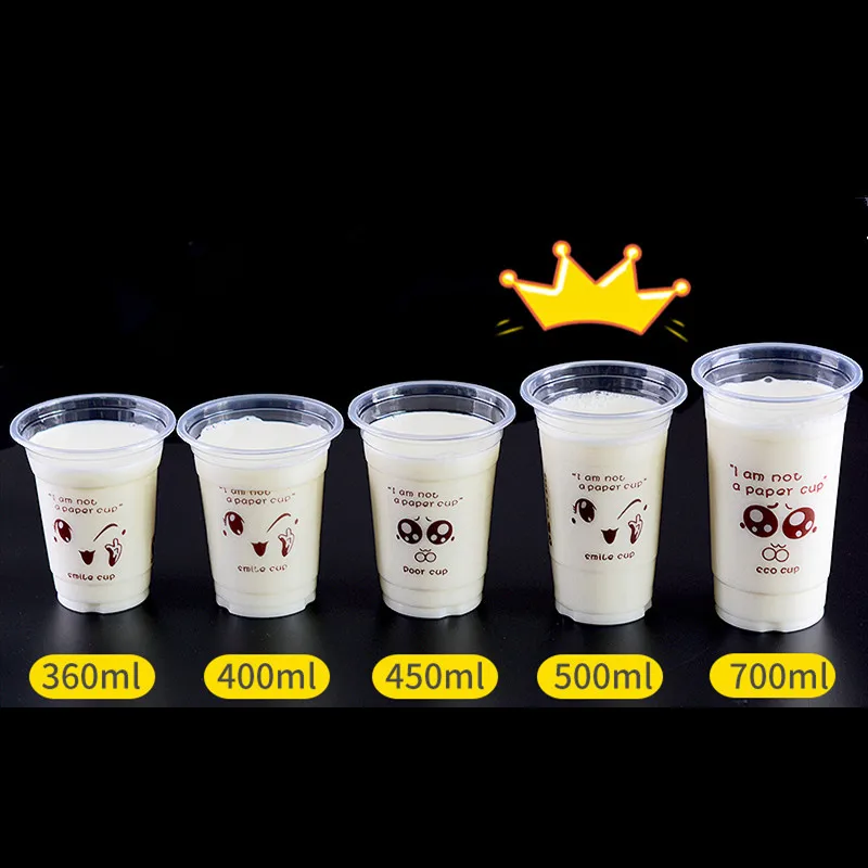 

50pcs 450 500ml thick disposable milk tea cup transparent fun pattern plastic cup party favor juice drink cup with lids
