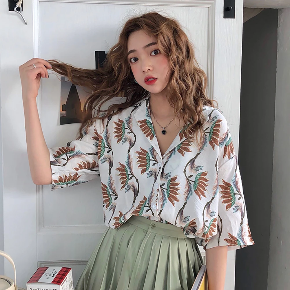 

Floral Print Short Sleeves Summer Women Loose Chiffon Office Top Blouse Shirt