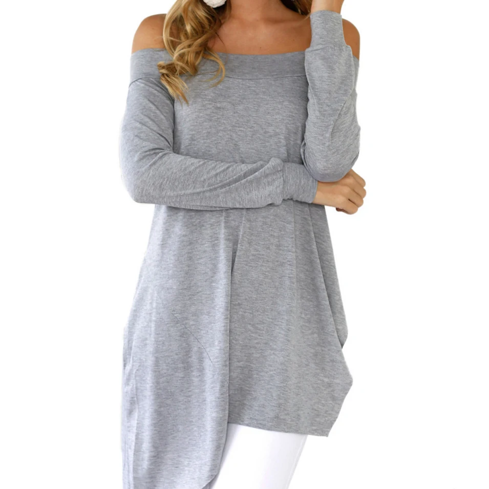 Зимние Для женщин блузки с вырезом лодочкой Asymmetrical Tunic повседневная женская обувь рубашки Blusa пикантные с открытыми плечами осень Топ Плюс Размеры GV1026