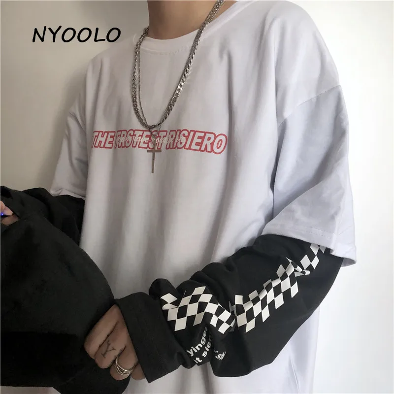 NYOOLO Harajuku винтажный с буквенным принтом фальшивый из двух частей клетчатый лоскутный Топ Осенняя уличная одежда с длинным рукавом Футболка женская мужская одежда
