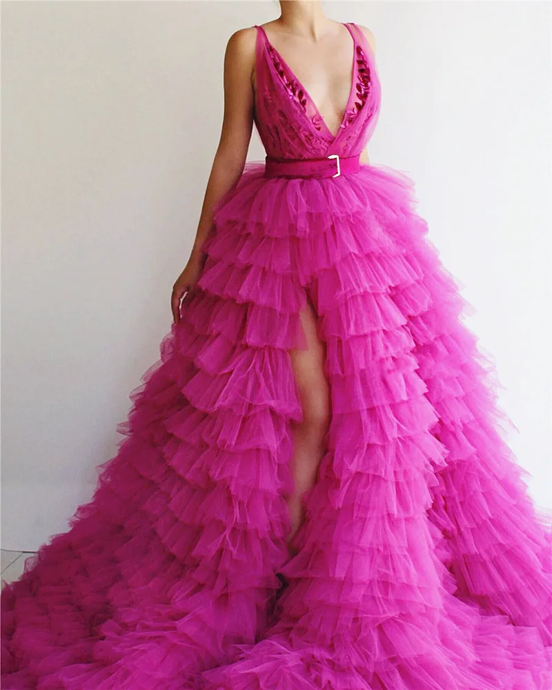 Princess Pink Prom Dresses Sleeveless Sash V Neck Lace Appliques Evening Dress Custom Made Tiered Ruffles Side Split Party Gown | Свадьбы и