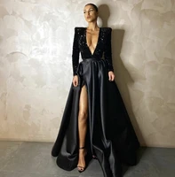2022 za fashion forma dark green elegant evening dresses with long sleeve dubai arabic sequins satin prom gowns party
