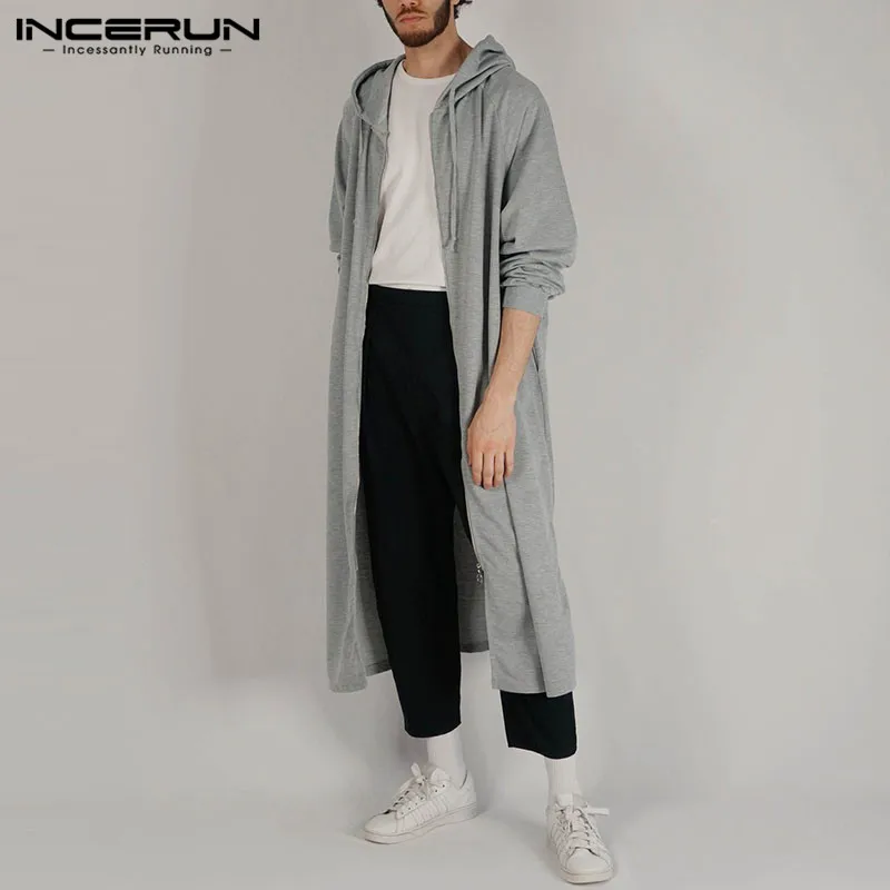 INCERUN/модные толстовки для мужчин, одноцветные, с длинными рукавами, на молнии, с капюшоном, длинные толстовки, мужская одежда в стиле хип-хоп, плащ