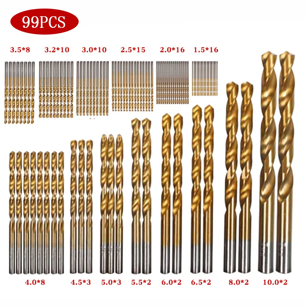 

Hot 99Pcs Titanium Coated Drill Bits HSS High Speed Steel Drill Bits Set Tool Twist Drill High Quality Power Tools 1.5-10mm