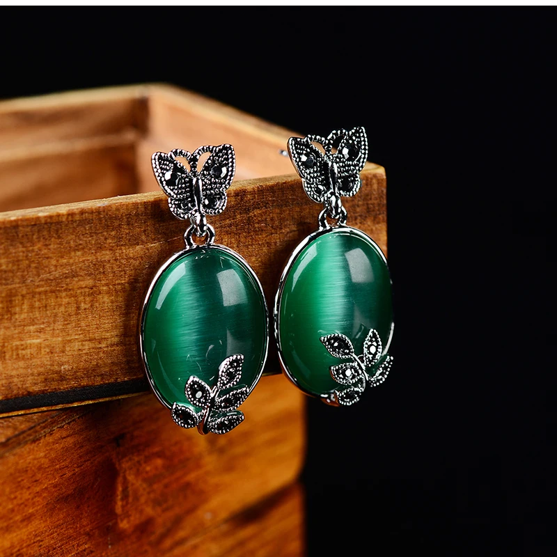 Серьги с Зелёным Камнем Большой Натуральный Опал Бабочки Винтажные Ретро Тёмный