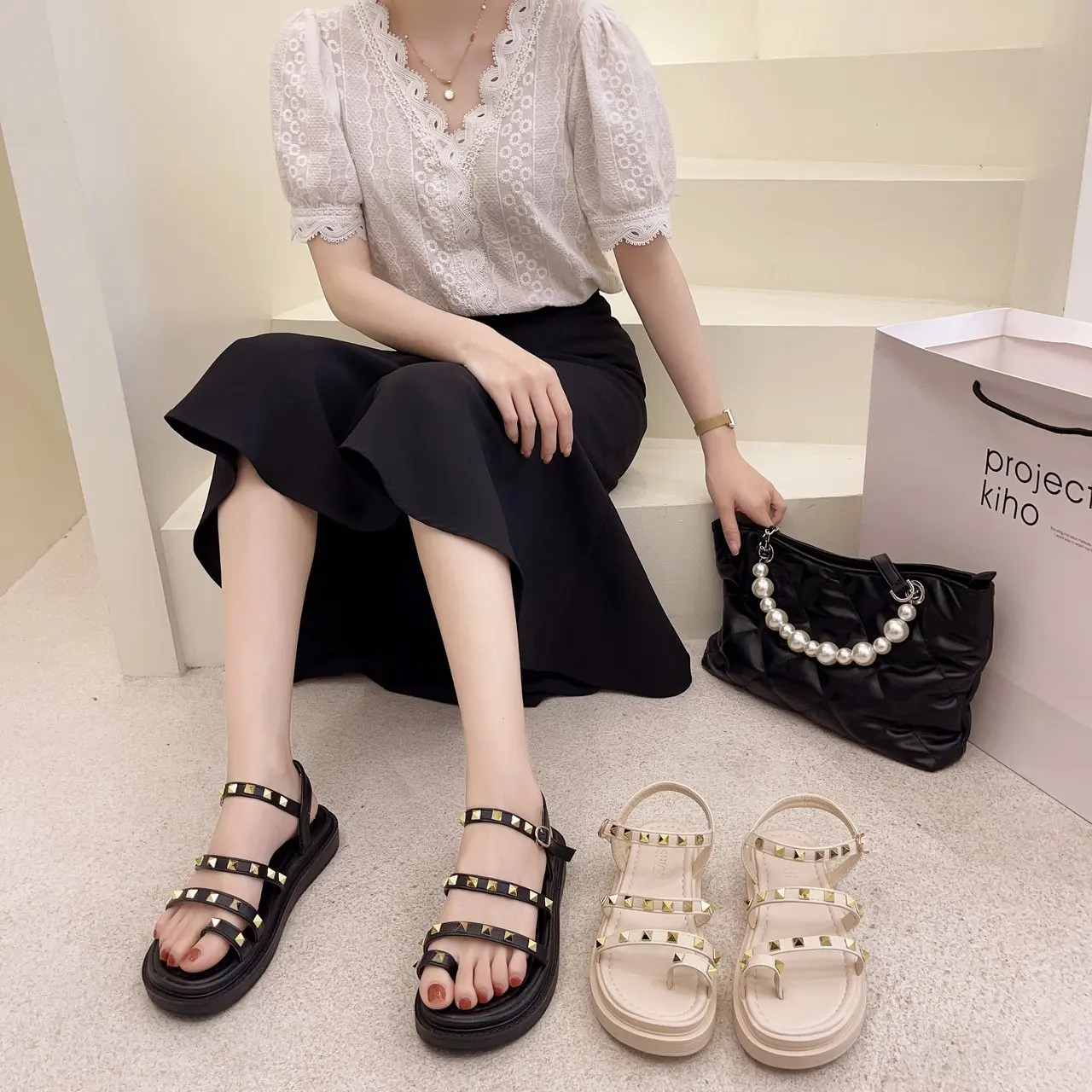 

Clogs Wedge Female Sandal Clear Heels Comfort Shoes for Women 2021 Summer Platform Girls Fashion Low Flat Beige New Studded Soli