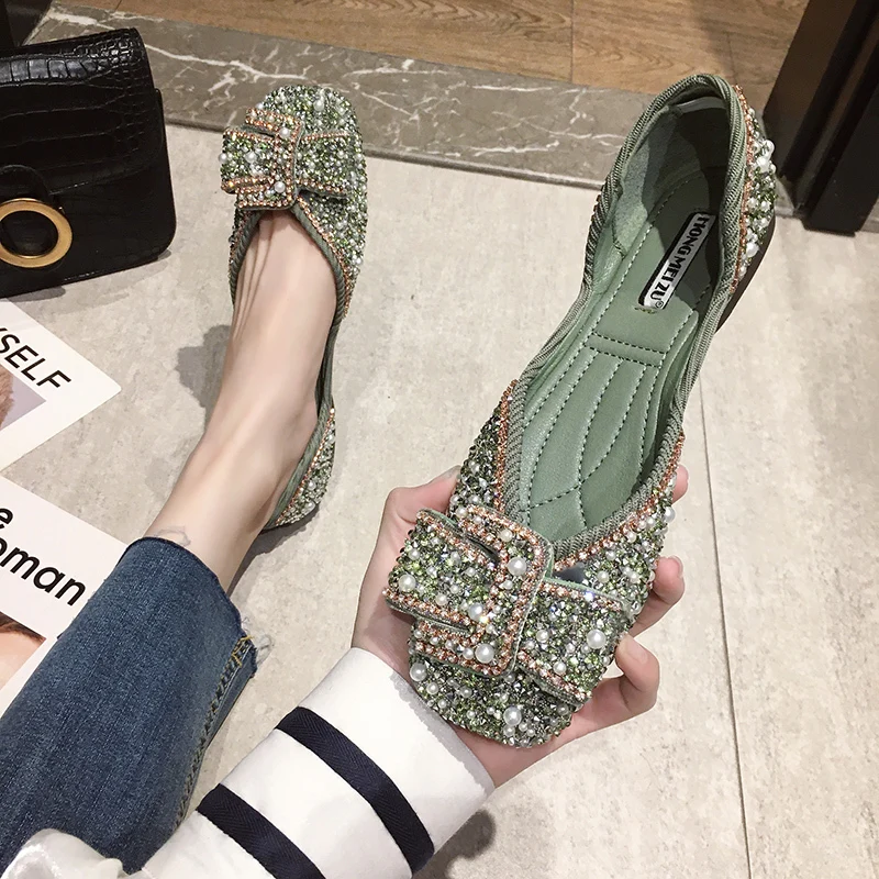 

Women Ballet Flats 2022 Bling Crystal Diamond Dress Flats Ladies Bow Sequins Single Shoes Rhinestone Glitter Square Toe Size