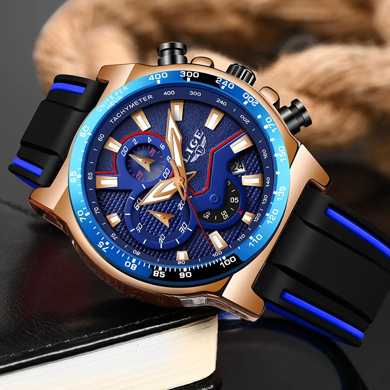 Часы наручные LIGE мужские с силиконовым ремешком брендовые Роскошные Кварцевые