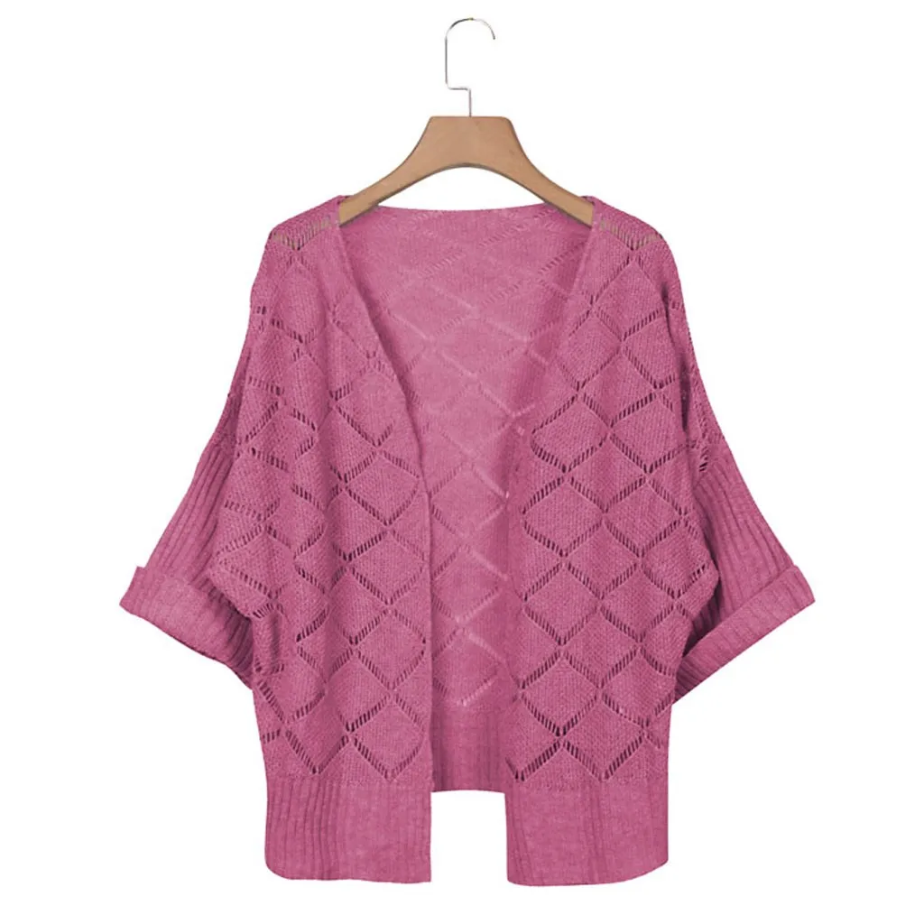 Hot Pink Модный вязаный кардиган свободный карман полый длинный рукав женский свитер женский кардиган Женские пальто Верхняя одежда# J30 - Цвет: Hot Pink