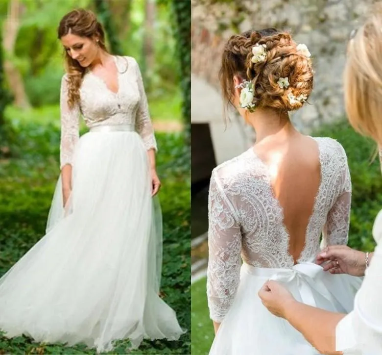Vintage Long Sleeve Country Bohemian Wedding Dresses 2021 V-neck Lace Tulle Low Back Holiday Bridal Gowns Robe De Soiree | Свадьбы и