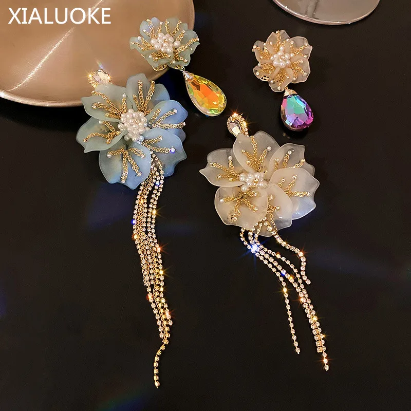 XIALUOKE Retro Tassel Asymmetric Crystal Acrylic Pearl Flowers Dangle Earrings Women Hyperbole Personality Drop Earrings Jewelry
