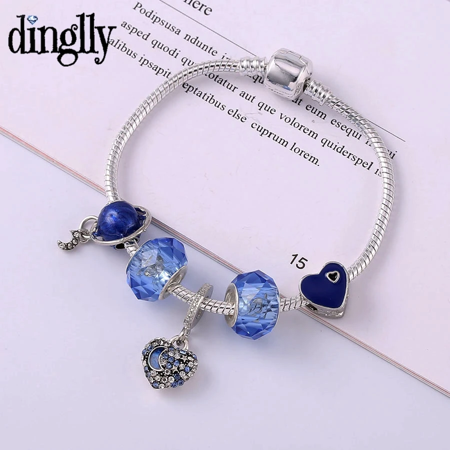Dinglly Fashion Blue Heart Charm Bracelets For Men Original Crystal Star Moon Beaded Dangle Bangles Boys Birthday Gifts | Украшения и