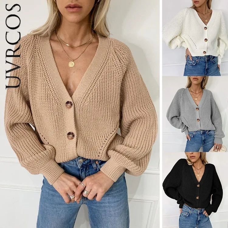 

Women Knitted Cardigans Sweater Fashion Autumn V Neck Lantern Sleeve Loose Coat Casual Button Thick V Neck Solid Female Top 2021