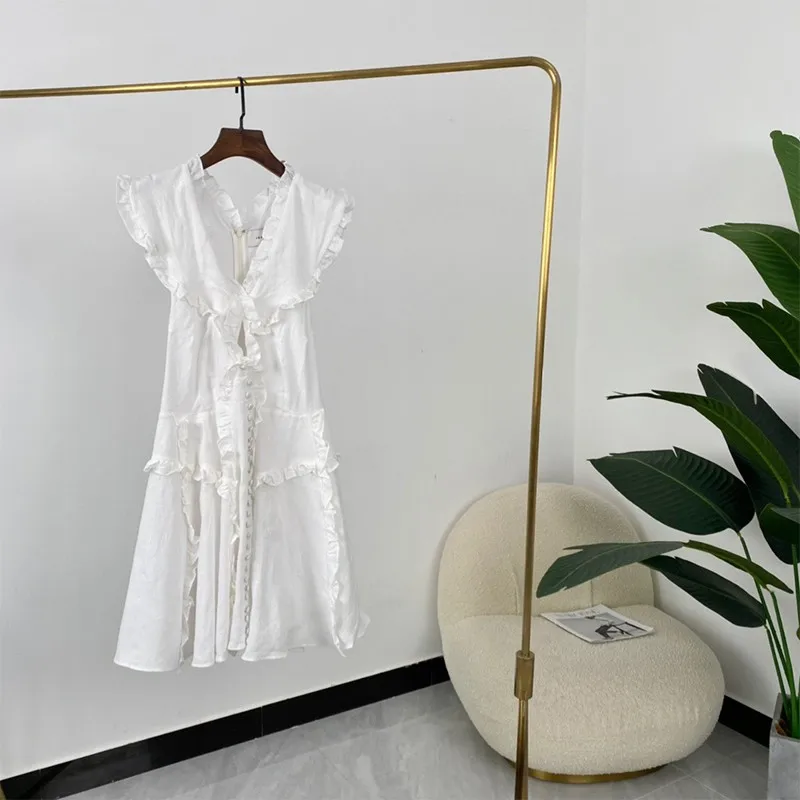 

Summer Holiday Style Front Key Hole Back Cut Out Self Tie Sexy Frilled Ruffles Solid White Linen Womens Mini Dresses