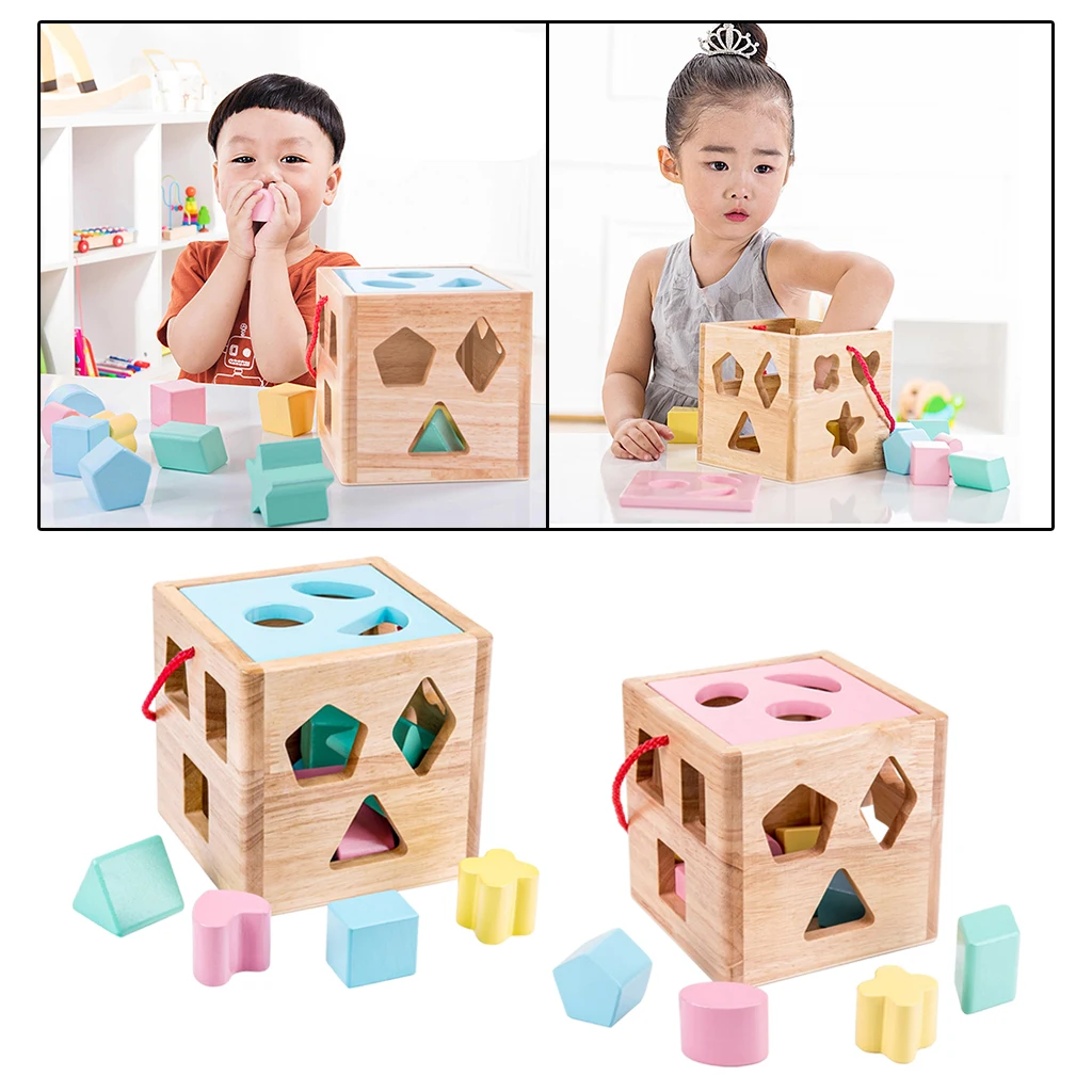 

Wooden Toy Box Shape Sorter Colors Developmental Blocks Geometry Learning