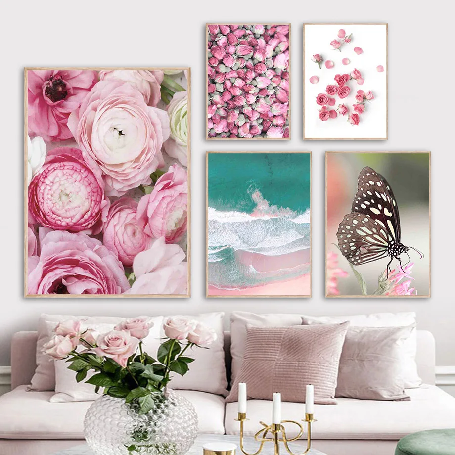 

Rose Petal Ocean Beach Butterfly Romantic Wall Art Canvas Painting Nordic Posters And Prints Wall Pictures For Living Room Decor