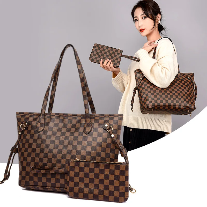 

PU Leather Shoulder Bags for Women Large Capacity Totes Grid Composite Bag Luxury Designer Fashion Female Shopping Handbags