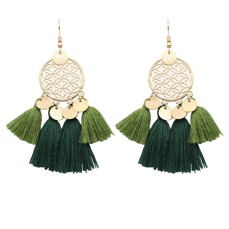 Модные серьги мечты Золотые круглые ажурные шерстяные с бахромой женские