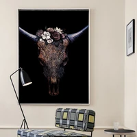canvas painting wall art posters nordic bull skull carved pattern wear flowers on your head room decoration modern art painting