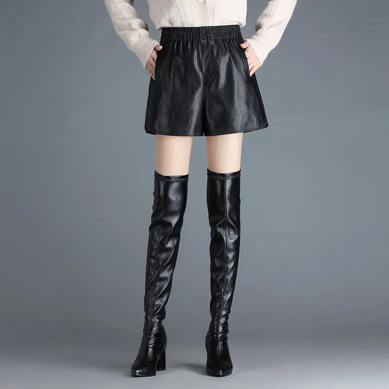

Shorts Women Elastic High Waist Black PU Leather Wide Leg Shorts Autumn Winter Office Lady Elegant Loose Chic Boot Shorts 1616