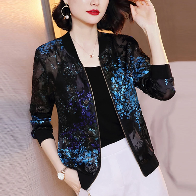 

2023 New Fashion Coats Women Print Lace Basic Coat Thin Female Baseball Jacket Sunscreen Clothes Size