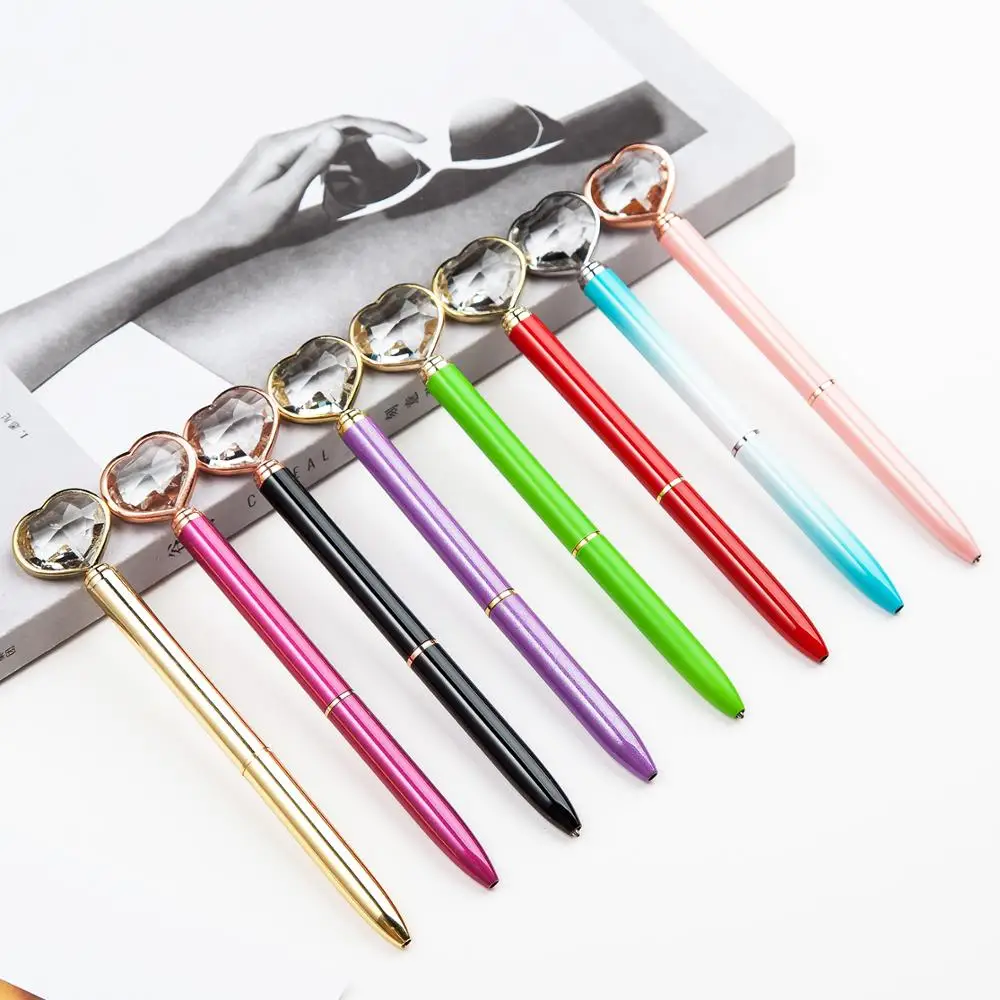 100Pcs/lot Heart Shape diamond ball pen Customize Metal Ballpoint pens Promotional metal ball pen Stationery Pens