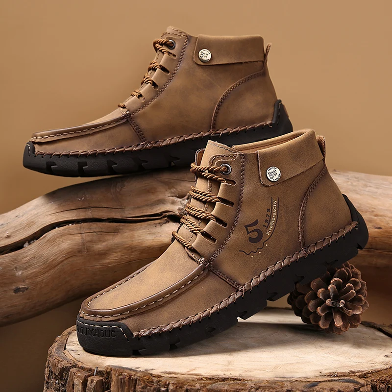 

Autumn winter platform shoes high add cotton warm vintage work man boots outdoors hiking leather safety shoes military boots