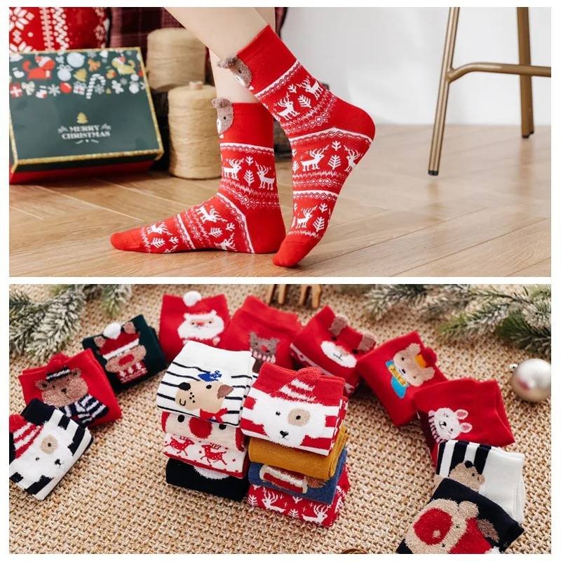 Christmas Socks Colored Cotton Red Socks 22 Pairs Cartoon Animal Cotton Cute Gift Christmas Socks Girl