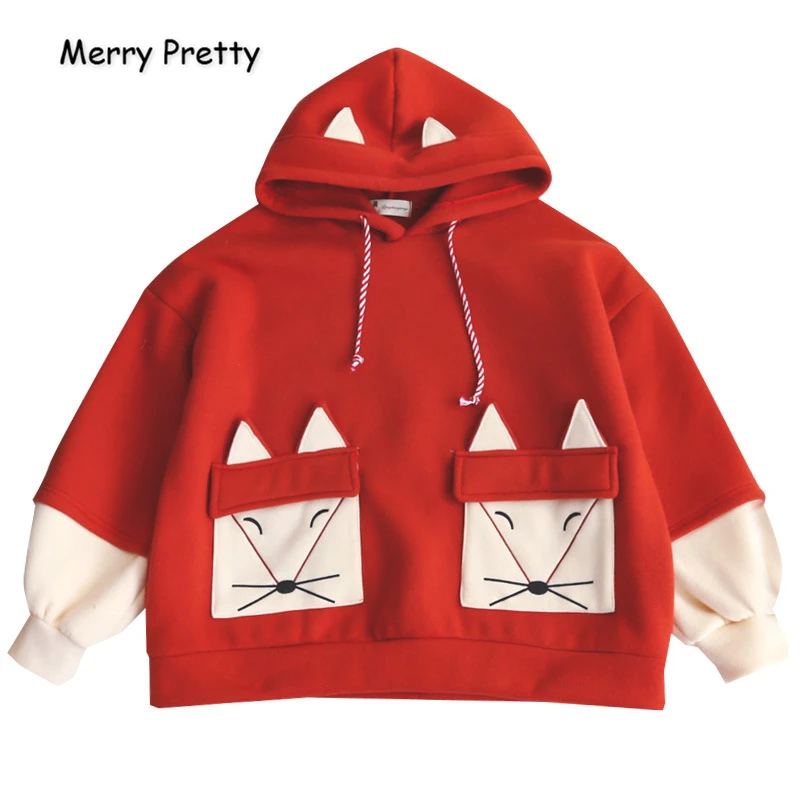 

MERRY PRETTY Women's Cartoon Fox Embroidery Hoodies Sweatshirts With Ears On Hood Harajuku Kawaii Winter Plus Velvet Pullover