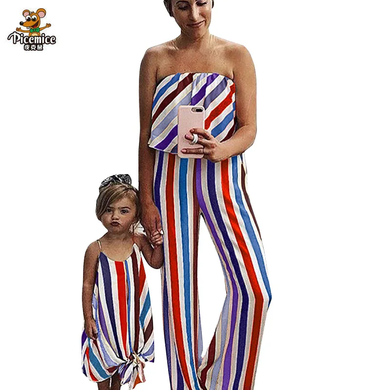 

Mother Daughter Dresses Family Matching Outfits Off Shoulder Women Rompers Striped Girl Dress For Mommy Me Family Look