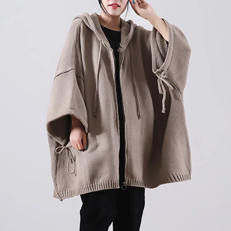 

Female new autumn and beignning winter plus size literary hooded cuff drawstring long knitted loose sweater outerwear