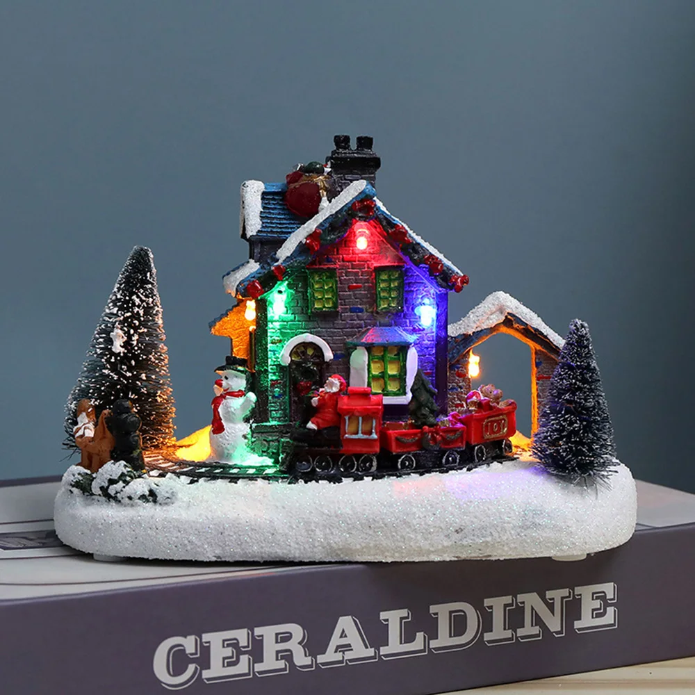 

Resin Christmas Ornament Village House Decoration Town with Warm LED Light Santa Claus Train Snowman Battery Operated