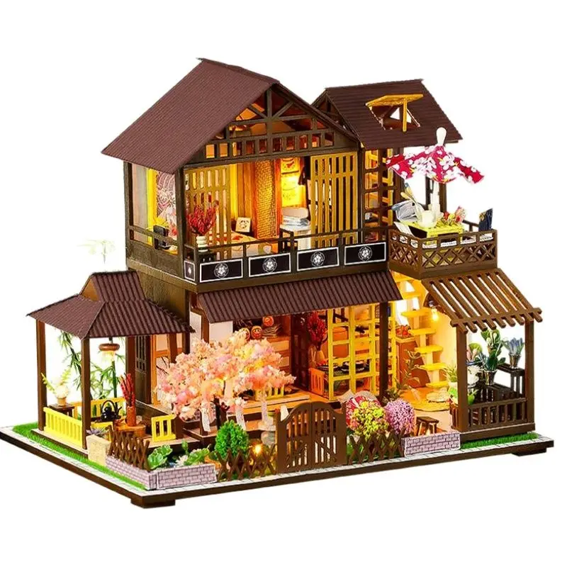 

New Japanese Architecture DIY Dollhouse Kit Assembled Miniature with Furniture Cherry Casa Doll House Toys for Kids Adult Gifts