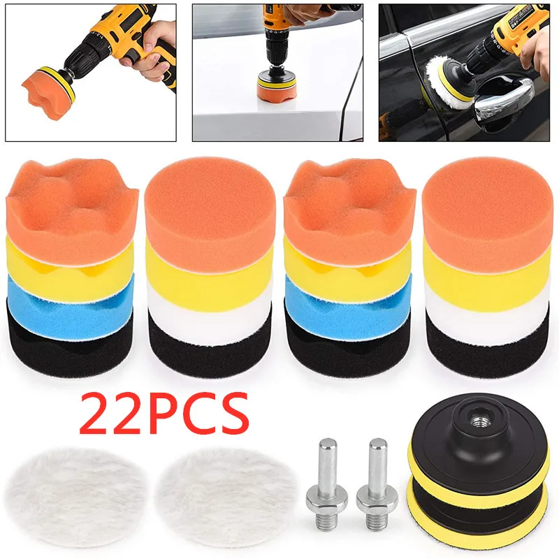 22PC Car Polishing Sponge Pads Kit Buffing Waxing Foam Pad B