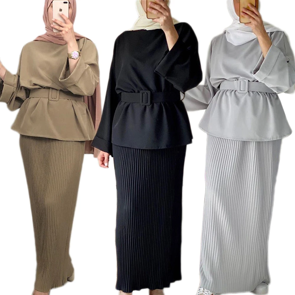 Комплект из 2 предметов с платьем для женщин мусульманский Рамадан ИД Дубай, Турция Арабский исламский одежда топы с длинными рукавами с юбк...