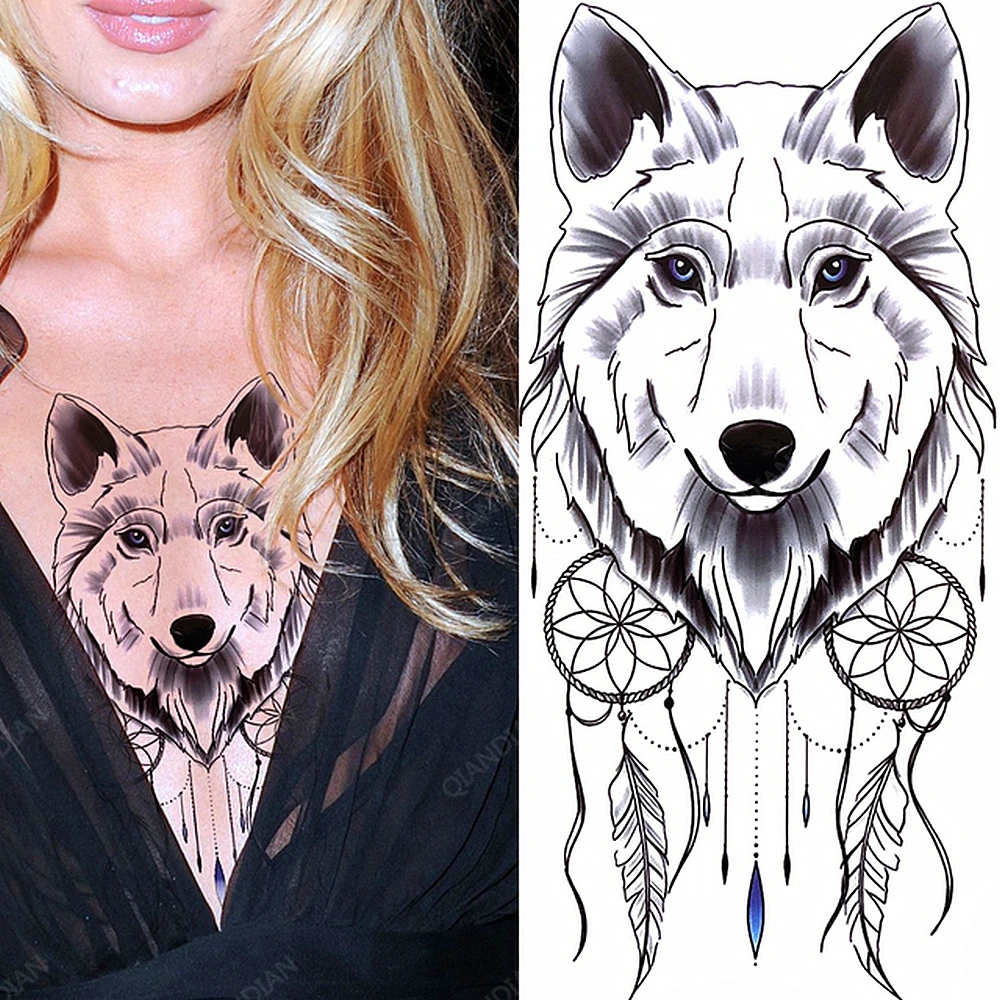 1pc Wolf Women Waterproof Temporary Tattoos Fake Stickers Chest Big Sexy Feather Washable