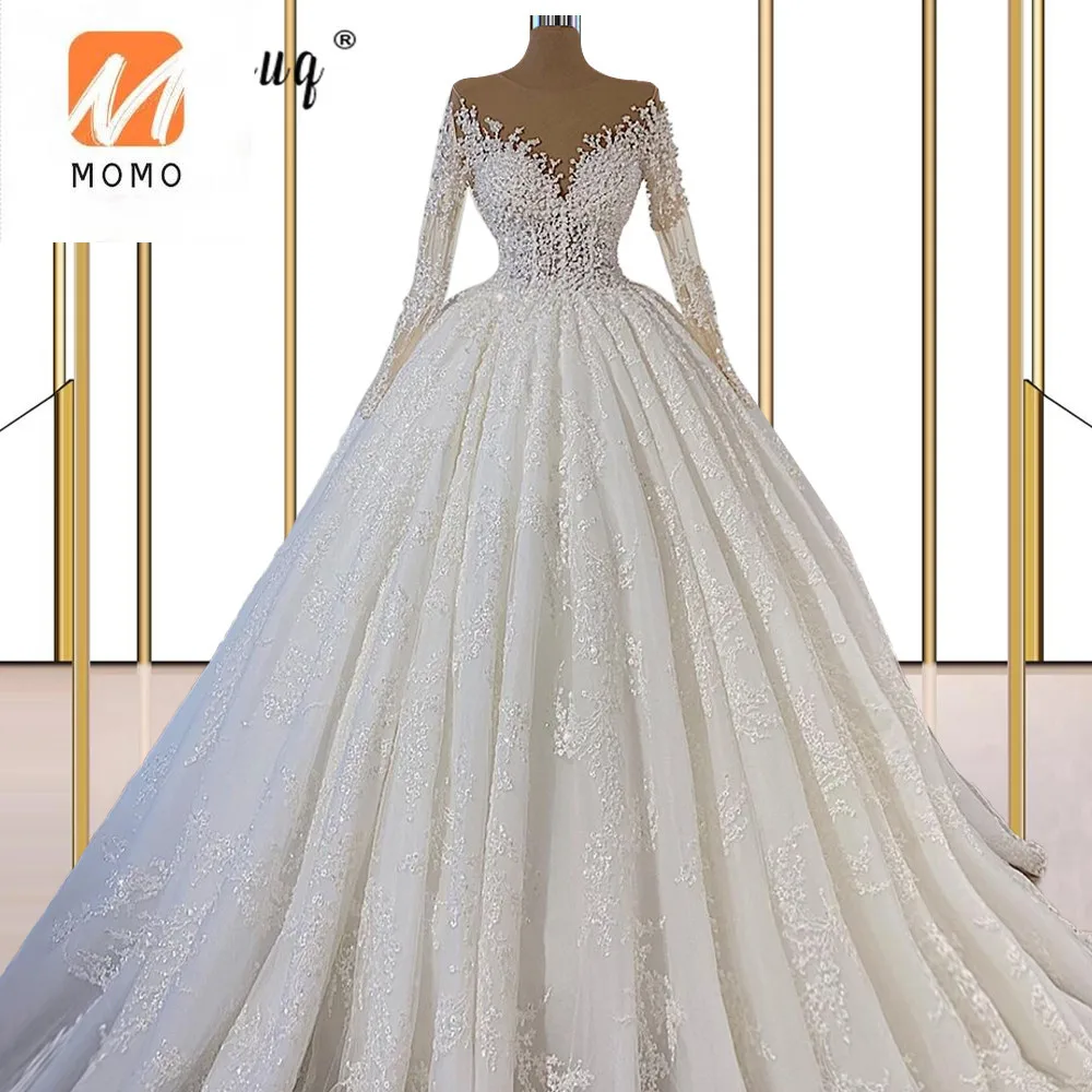 

3D Appliques Lace Princess Wedding Dress White/Ivory Long Sleeve Ball Gown Bride Dresses Vestido de novia Illusion Bridal Gowns