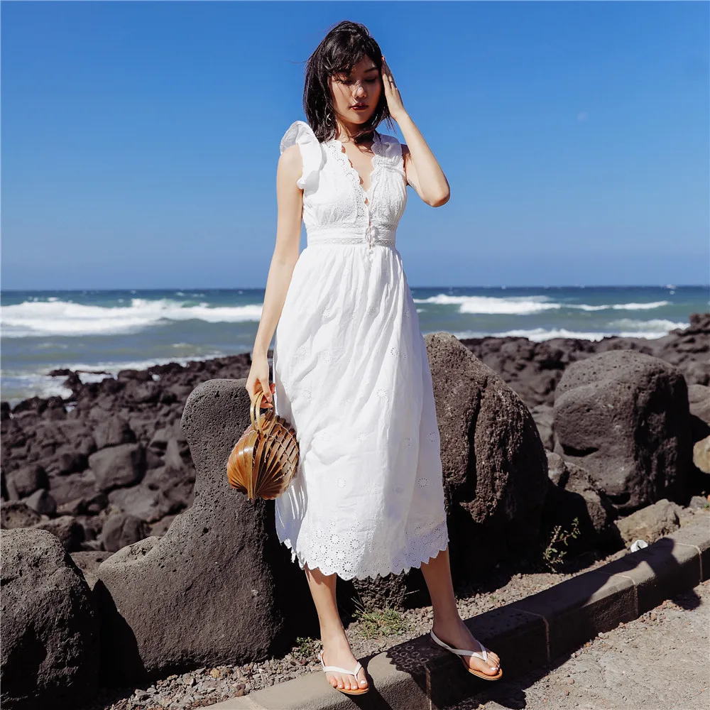 

DUISNENA boho dress white v-neck floral hollow out women dresses ruffled fairy high waist robe mujer vestidos