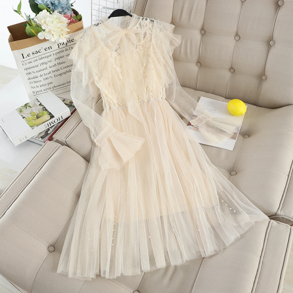 New ruffled bow tie with beaded mesh stitching lace temperament ladies two-piece dress | Женская одежда