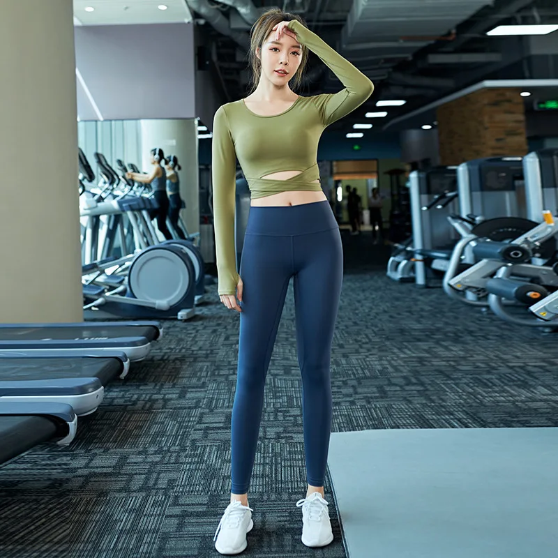 Новая одежда для йоги с длинным рукавом Сетка Красный Фитнес Йога Бег крест пупок