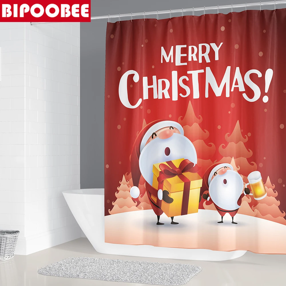 Рождественская тканевая занавеска для душа с 12 крючками ванной Санта-Клауса s