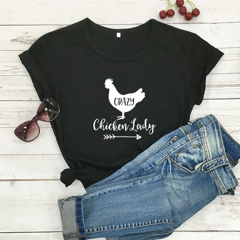 Crazy Chicken Lady/Новое поступление, женская летняя забавная Повседневная футболка из хлопка с принтом фермера, подарок на день матери, деревенская рубашка - Цвет: black-white text